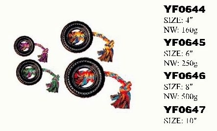 YF0644-YF0647 Soft plastic pet toys Black tires with hemp rope pet toys for dog